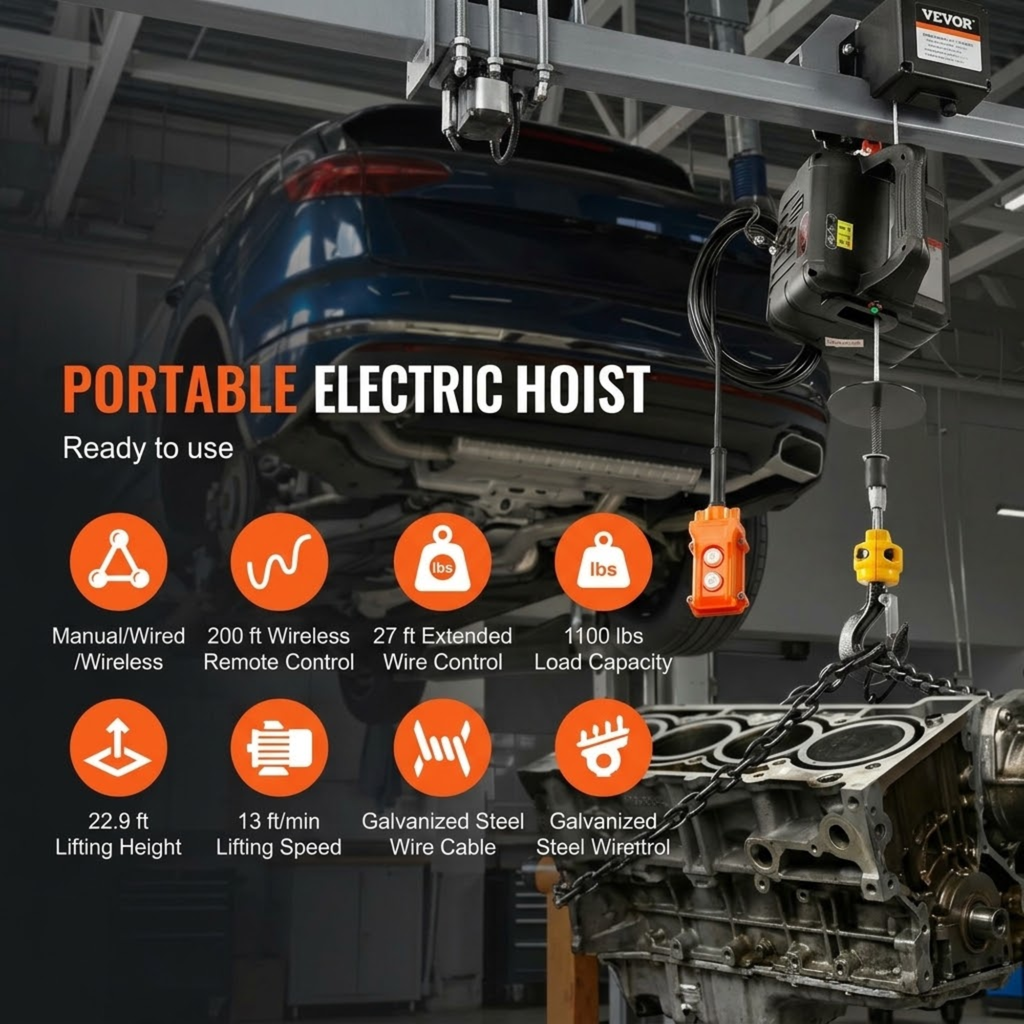 Portable Electric Hoist Winch hanging from an overhead beam lifting a car engine in a garage, with 1100 lb load capacity and wireless remote features listed