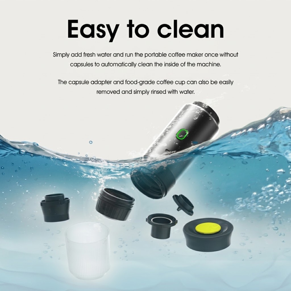 Portable Espresso Maker submerged in water with parts disassembled to show easy cleaning