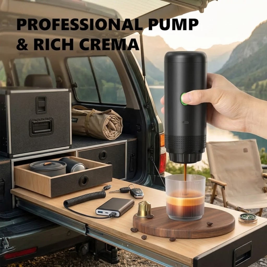 Portable Espresso Maker brewing coffee into a glass cup at a car boot camping setup