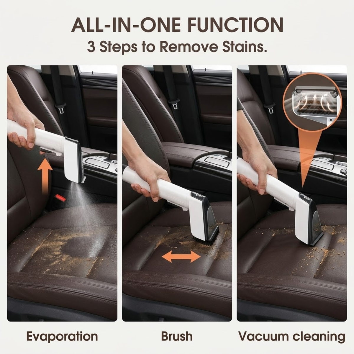 Portable Upholstery Spot Cleaner spraying, brushing and vacuuming a stain from a leather car seat in three steps