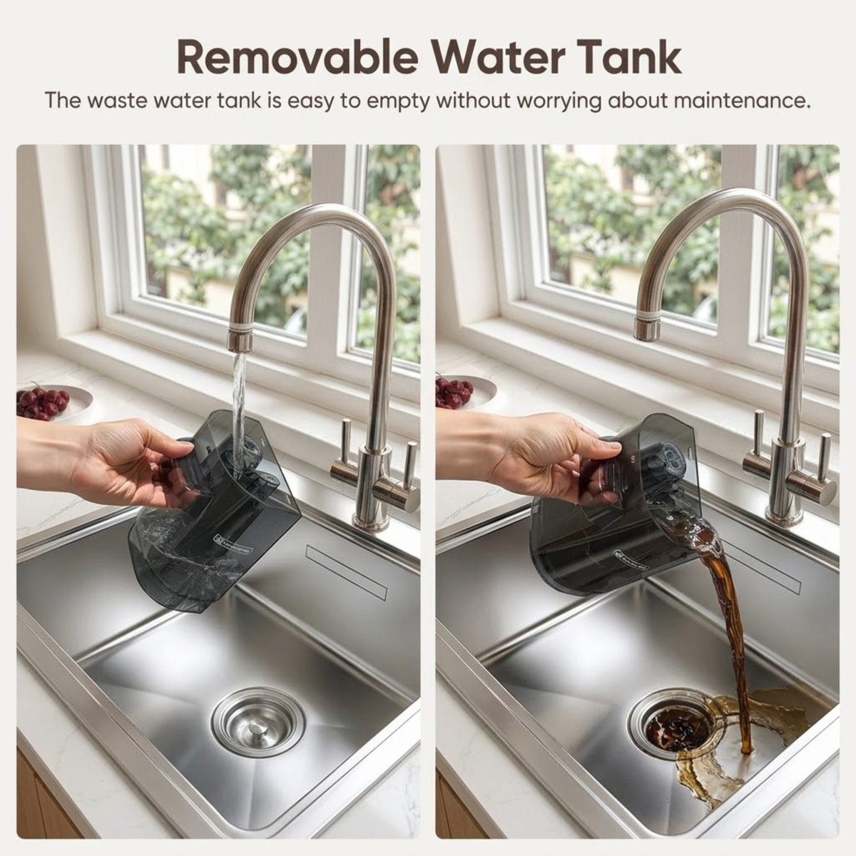 Hands emptying and rinsing the removable dirty water tank of the Portable Upholstery Spot Cleaner at a kitchen sink