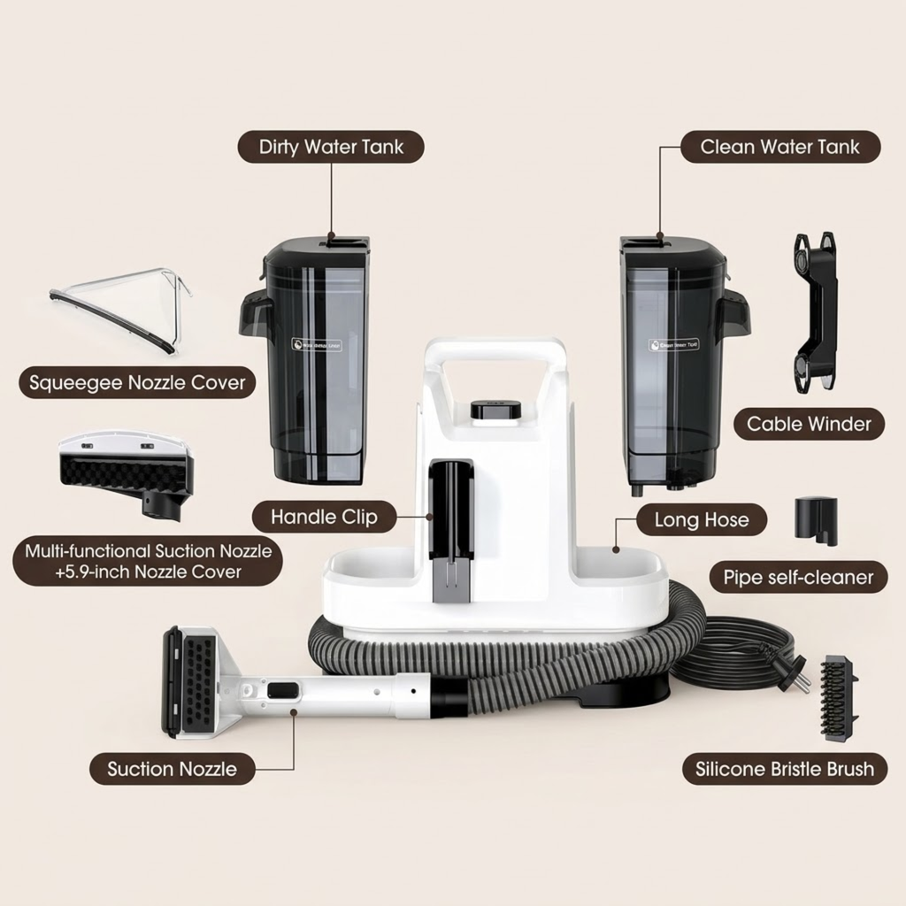 Portable Upholstery Spot Cleaner parts and accessories including water tanks, suction nozzles, long hose, bristle brush and cable winder
