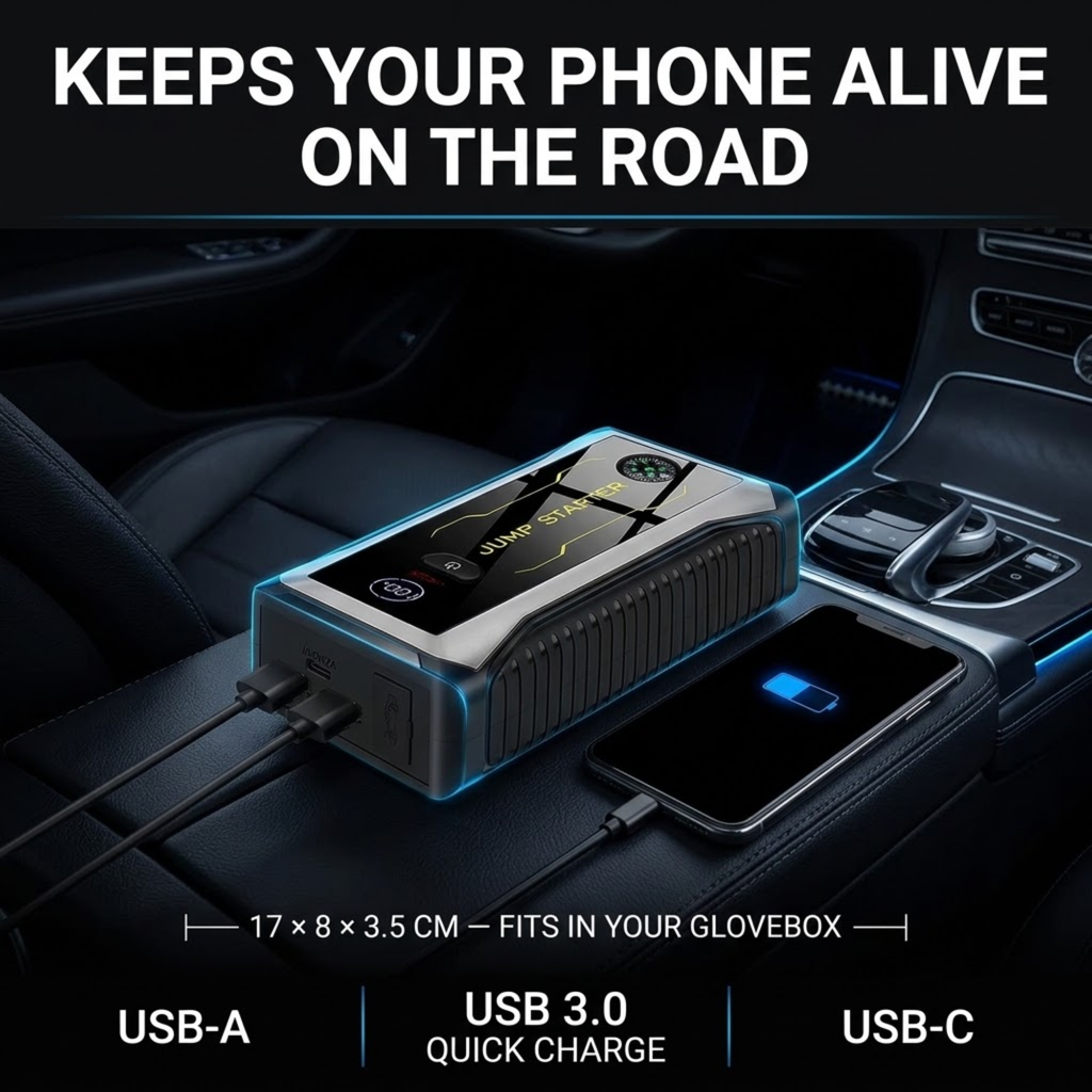 Rescue Jump Starter & Power Bank charging a smartphone on a car centre console, showing USB-A, USB 3.0 and USB-C ports and 17 x 8 x 3.5 cm size