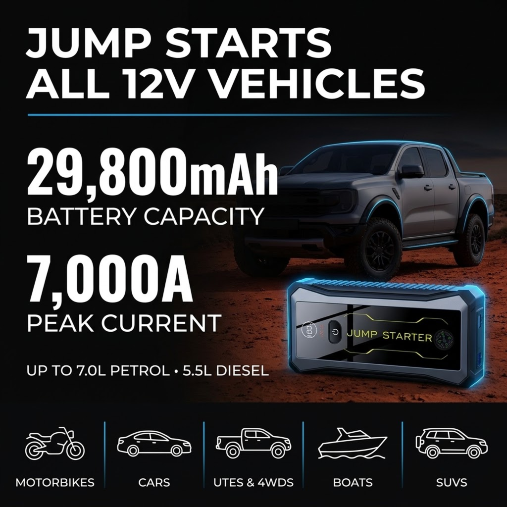 Rescue Jump Starter & Power Bank in front of a ute with 29,800 mAh capacity, 7,000 A peak current and 12V vehicle type icons