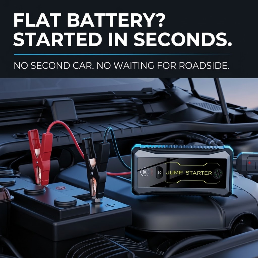 Rescue Jump Starter & Power Bank with red and black clamps connected to a car battery in an engine bay