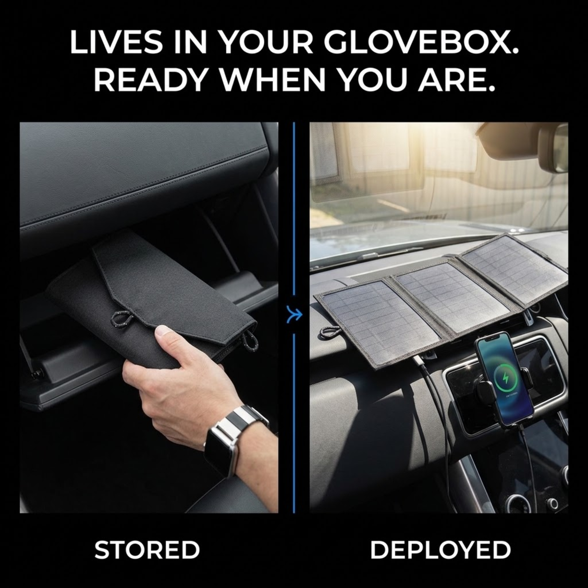 Foldable Solar Charging Panel folded in a car glovebox and unfolded on the dashboard charging a smartphone