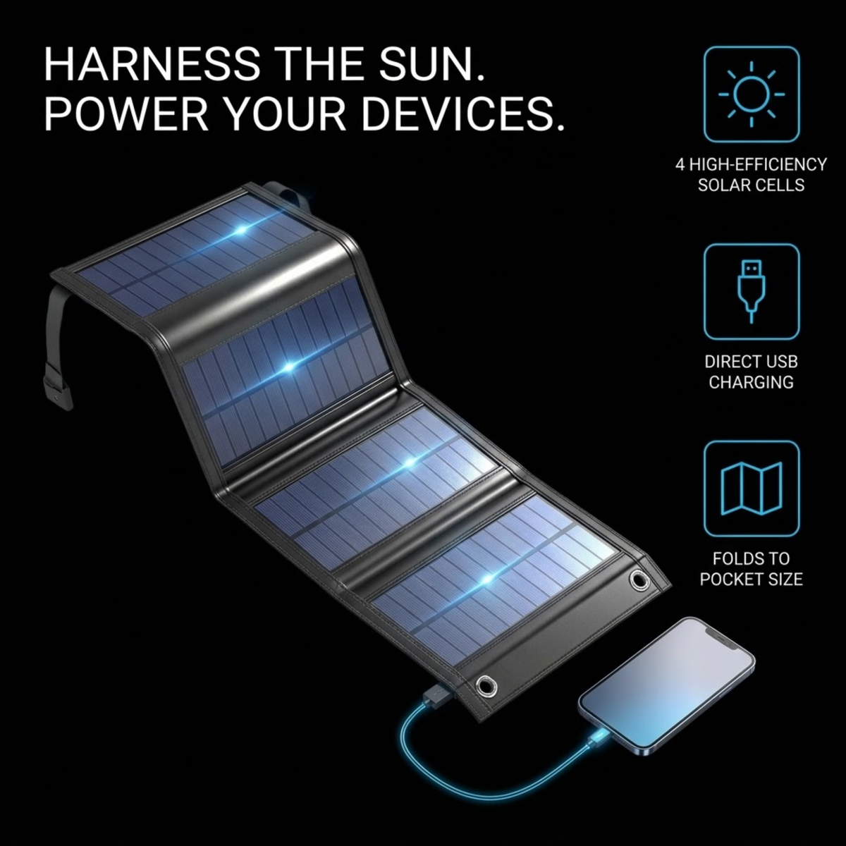 Foldable Solar Charging Panel charging a smartphone by USB cable, with icons for high-efficiency cells, direct USB charging and pocket-size folding