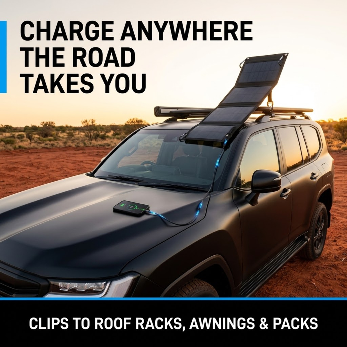 Foldable Solar Charging Panel clipped to the roof rack of a black 4WD in the outback, charging a phone on the bonnet