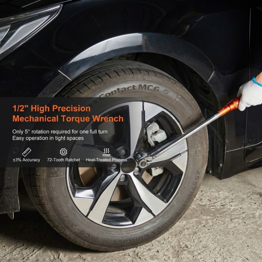 Precision Click Torque Wrench being used to tighten a wheel nut on a black car alloy wheel, with 1/2 inch drive feature callouts