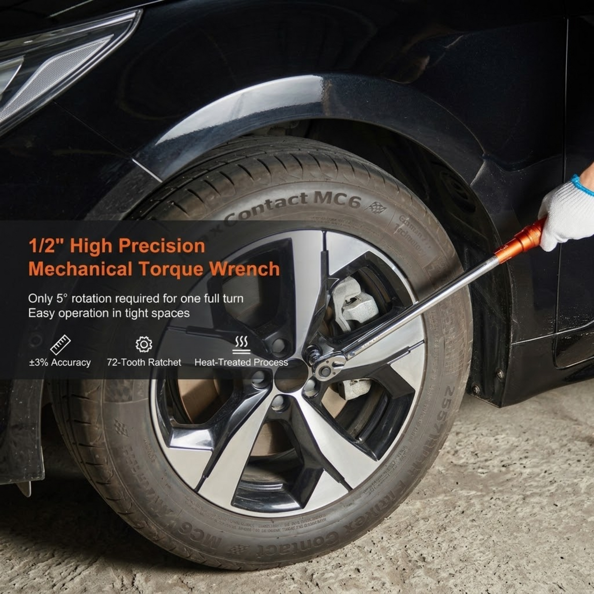 Precision Click Torque Wrench being used to tighten a wheel nut on a black car alloy wheel, with 1/2 inch drive feature callouts