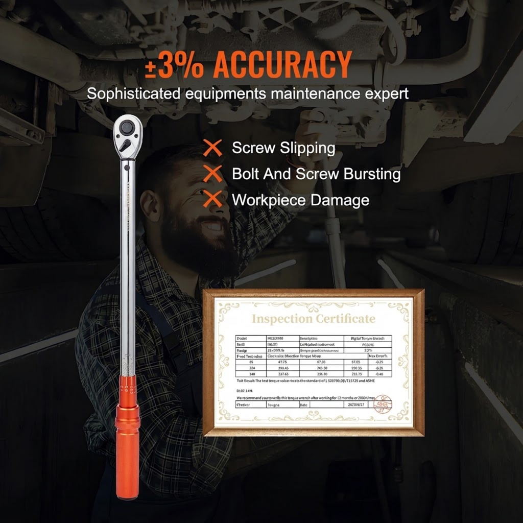 Precision Click Torque Wrench shown upright with an inspection certificate, mechanic working under a vehicle in the background