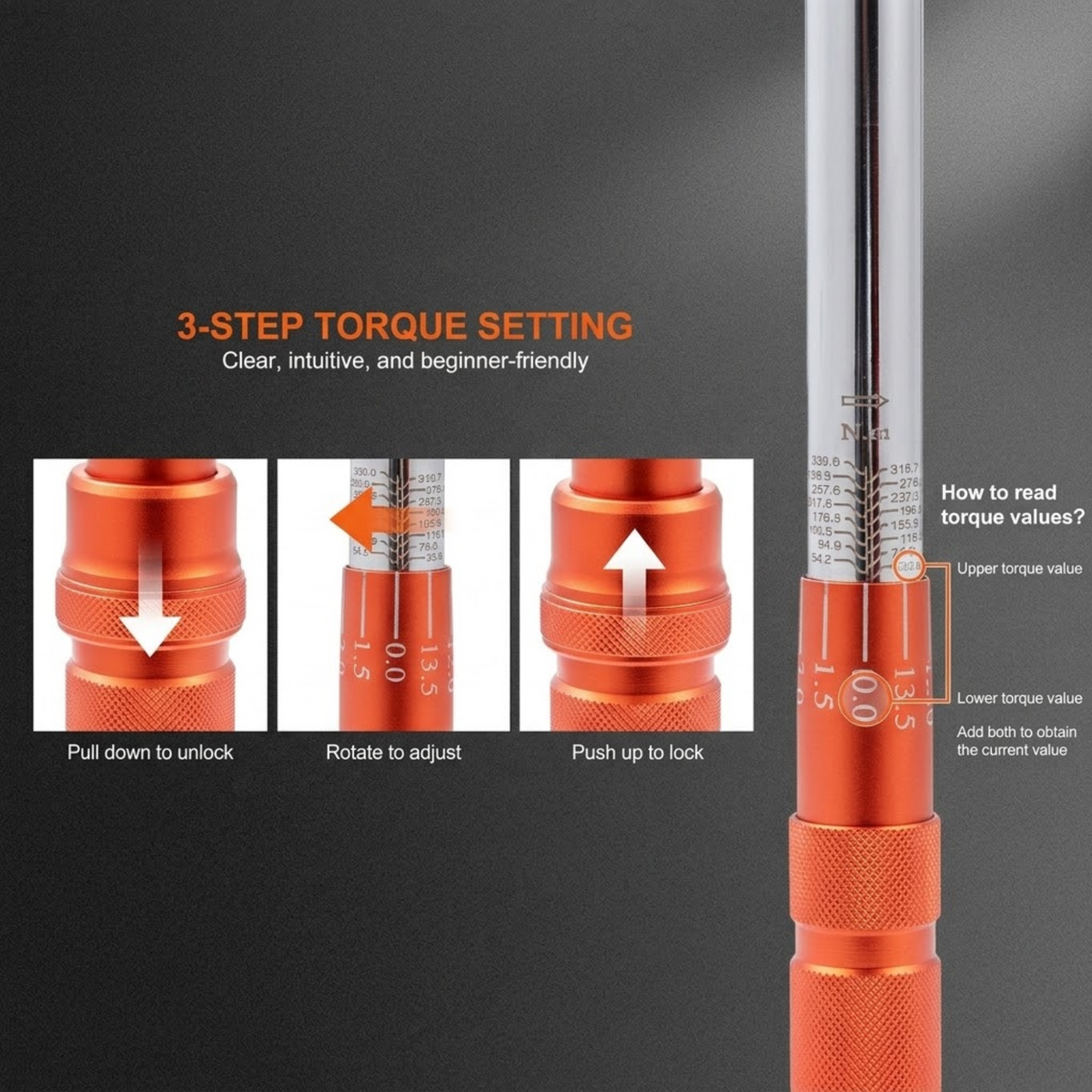 Precision Click Torque Wrench three-step torque setting guide showing unlock, rotate to adjust and lock on the orange handle