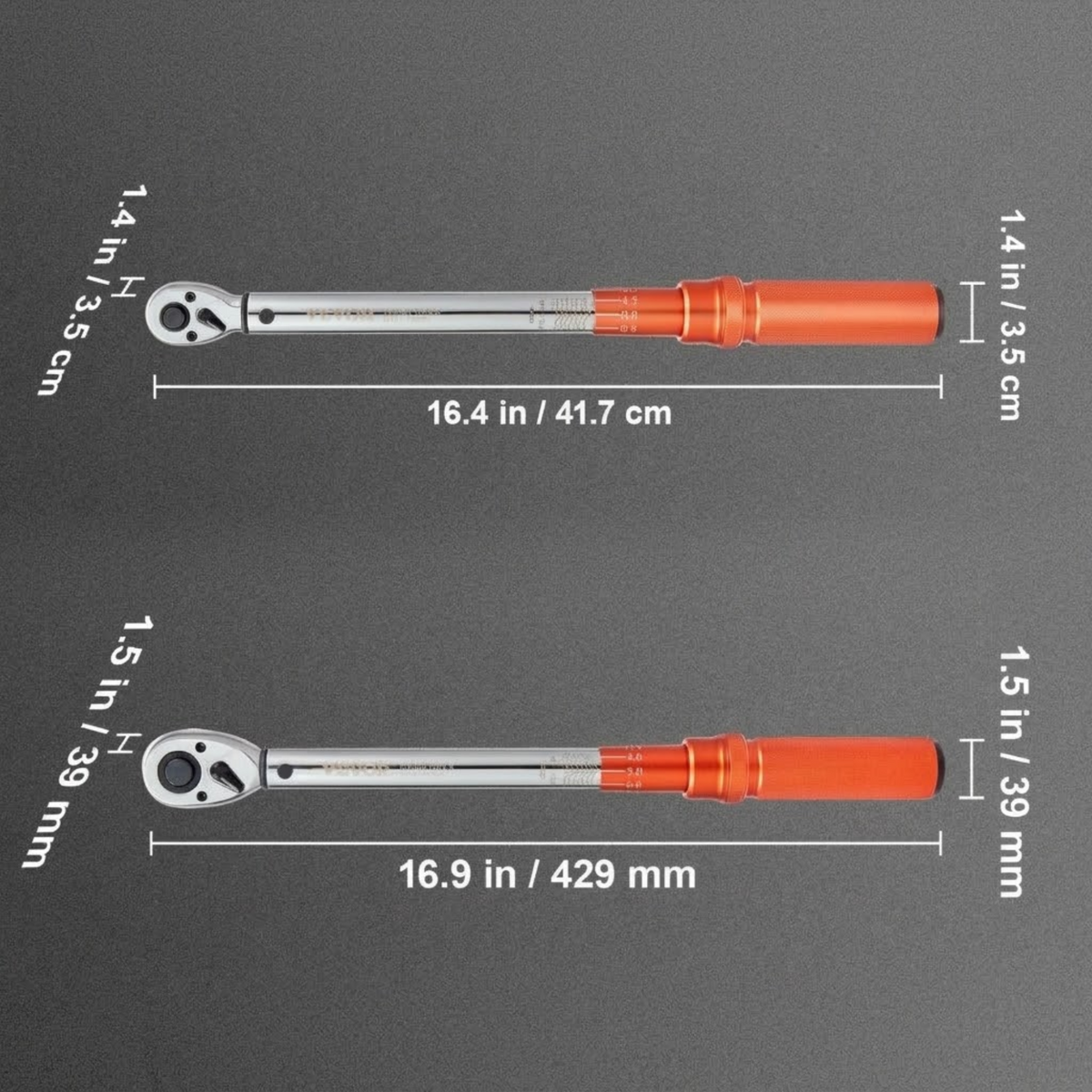 Precision Click Torque Wrench dimension diagram showing two wrench lengths of 41.7 cm and 42.9 cm with head widths