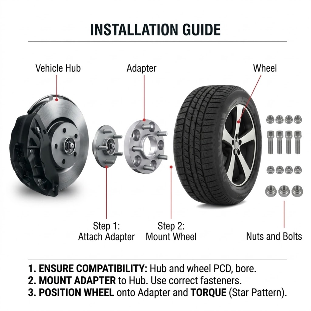 Wheel spacer installation guide showing vehicle hub, adapter and wheel assembly steps