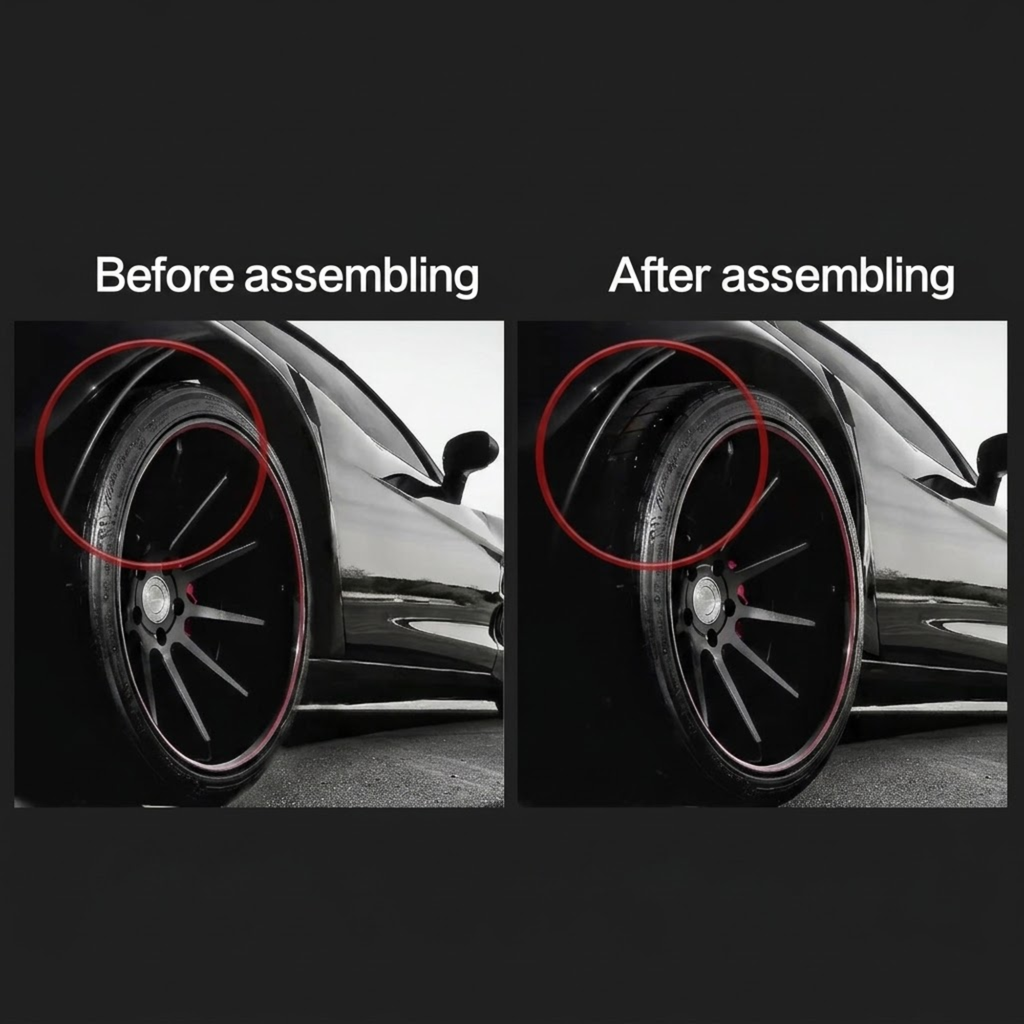 Vehicle wheel before and after installing a wheel spacer showing a wider stance