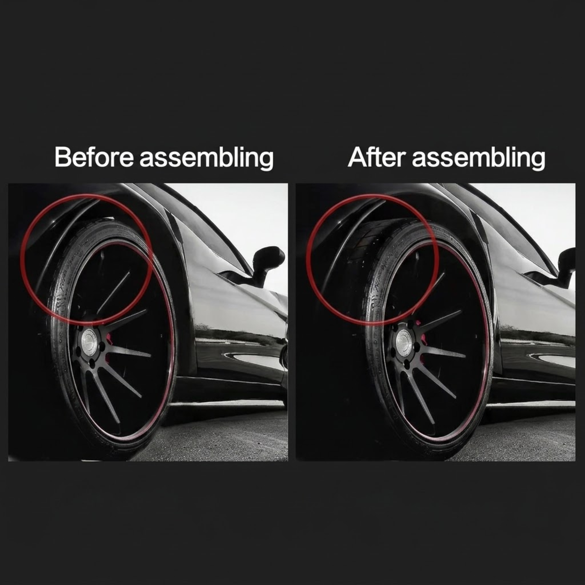 Vehicle wheel before and after installing a wheel spacer showing a wider stance