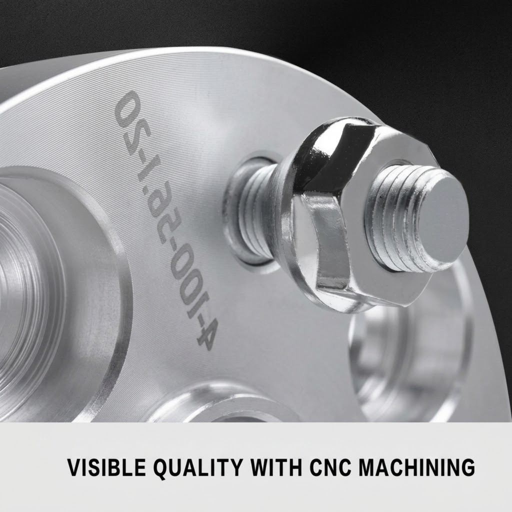 Close-up of a CNC machined wheel spacer showing precision surface finish