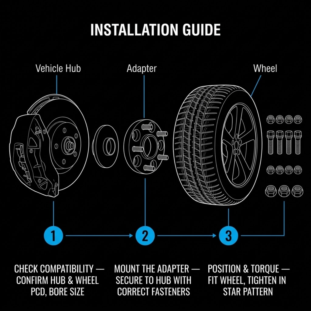Installation guide diagram showing how to mount a vehicle wheel with an adapter and hub, labeled with three numbered steps on a black background.