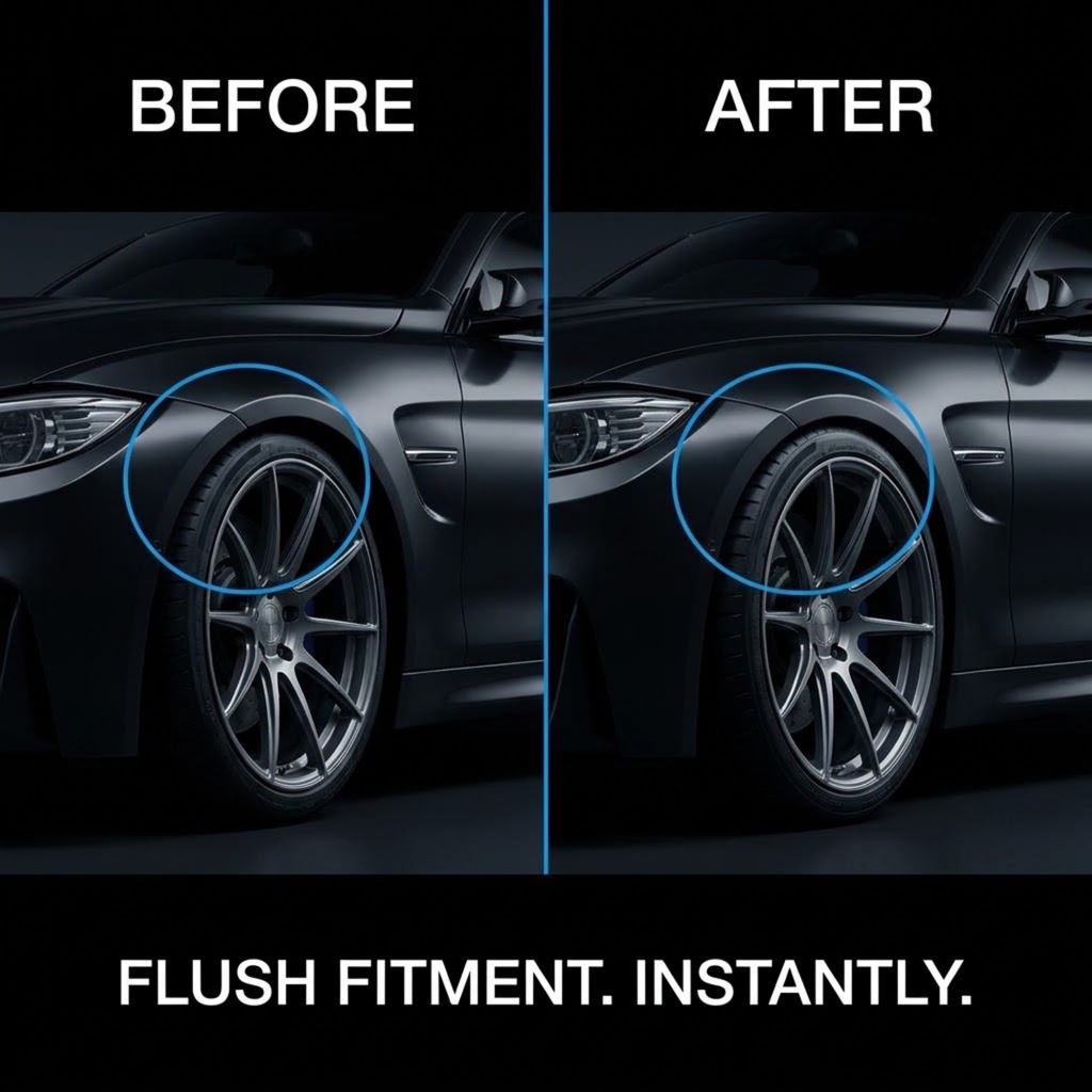 Before and after comparison showing a car wheel and fender area, with the after view demonstrating a flatter, more fitted look. Large white text reads 'BEFORE', 'AFTER', and 'FLUSH FITMENT.
