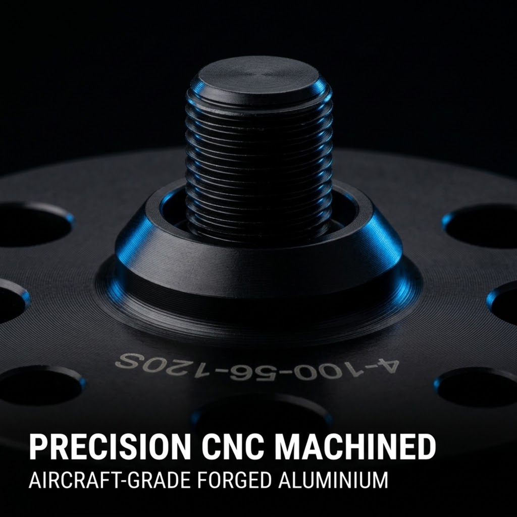 Close-up of a black precision CNC-machined threaded aluminum component on a dark background, with white text reading 'PRECISION CNC MACHINED' and 'AIRCRAFT-GRADE FORGED ALUMINIUM'.