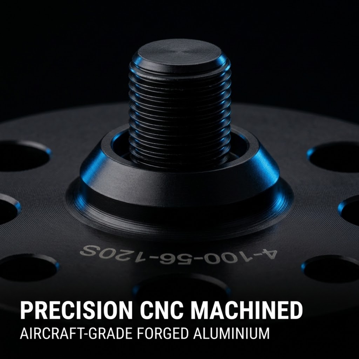 Close-up of a black precision CNC-machined threaded aluminum component on a dark background, with white text reading 'PRECISION CNC MACHINED' and 'AIRCRAFT-GRADE FORGED ALUMINIUM'.