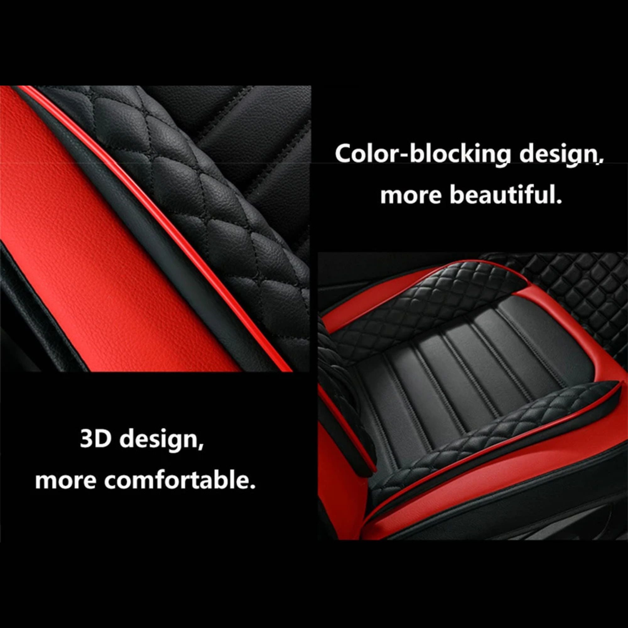 Diamond Quilted Leather Seat Cover detail showing red and black colour-blocking with 3D quilted stitching