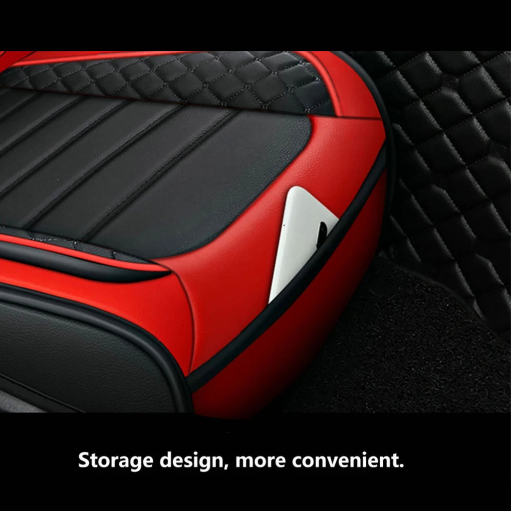 Close-up of red Diamond Quilted Leather Seat Cover corner showing the convenient built-in storage pocket