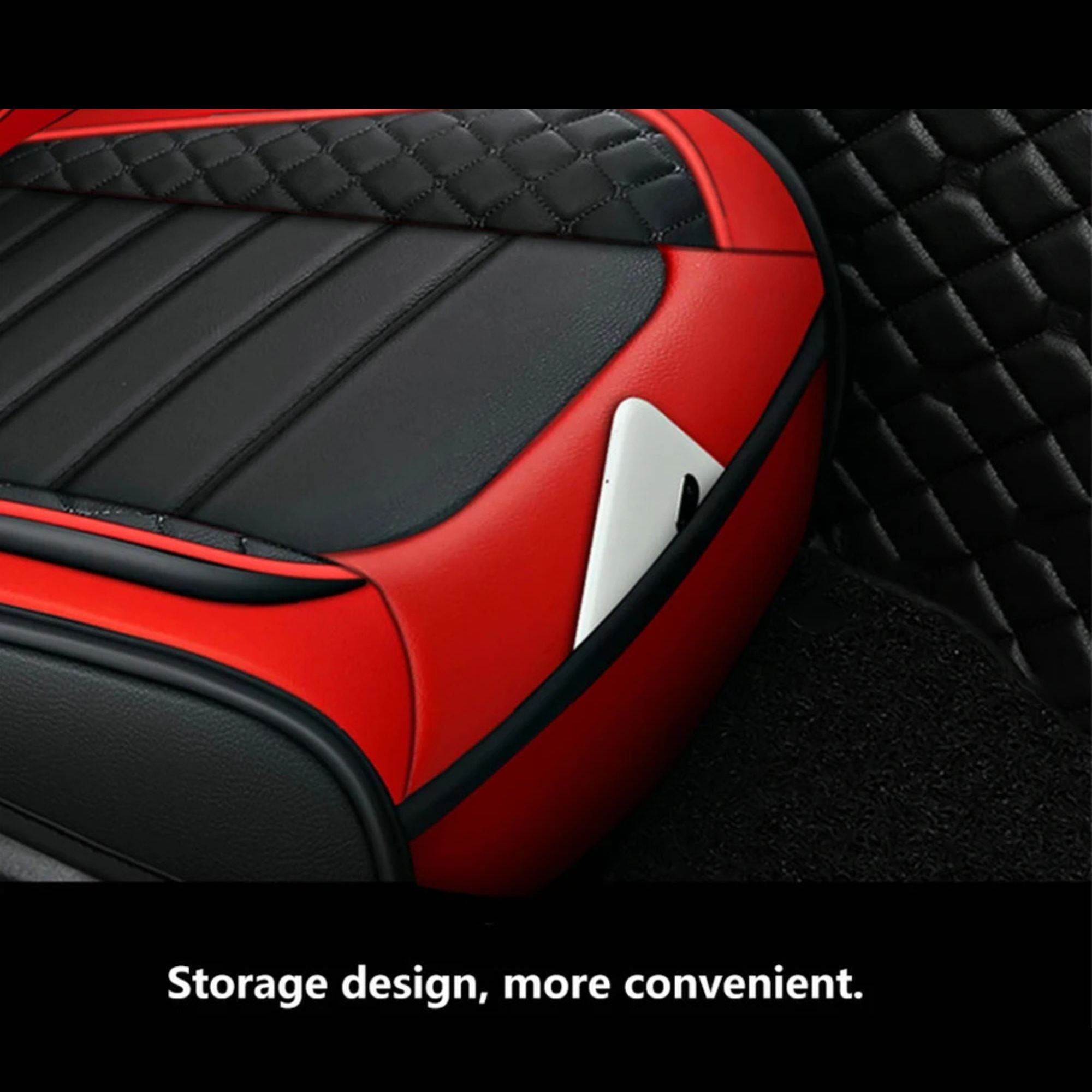 Close-up of red Diamond Quilted Leather Seat Cover corner showing the convenient built-in storage pocket