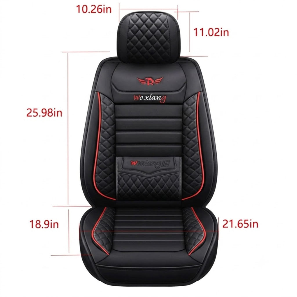 Diamond Quilted Leather Seat Cover dimension diagram listing headrest, backrest and seat base measurements in inches