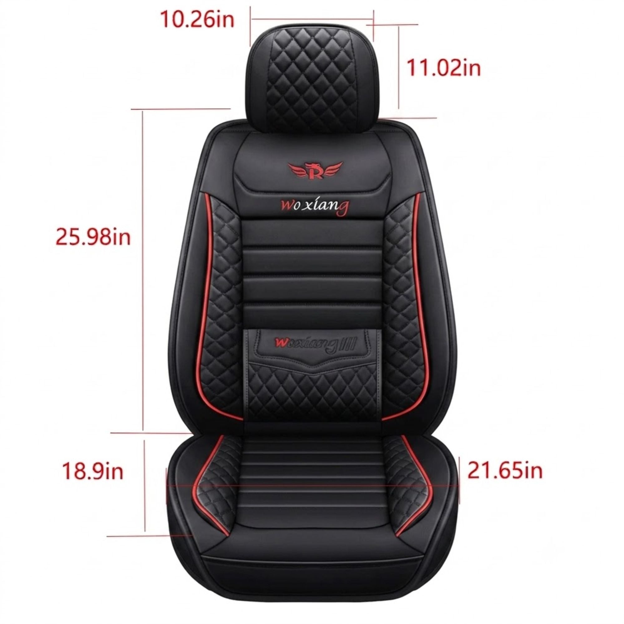 Diamond Quilted Leather Seat Cover dimension diagram listing headrest, backrest and seat base measurements in inches