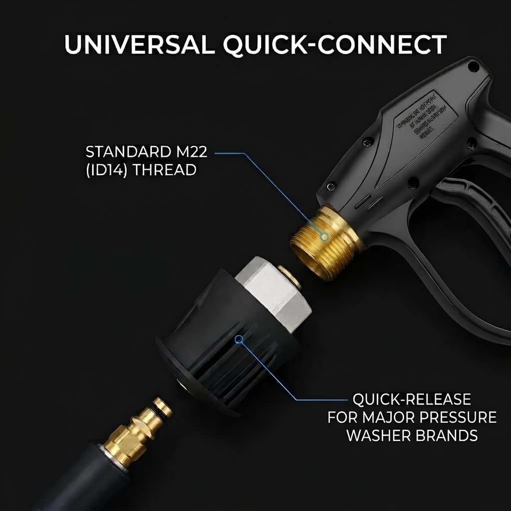 Pressure washer spray gun with a universal quick-connect adapter showing the standard M22 ID14 thread and quick-release fitting for major pressure washer brands