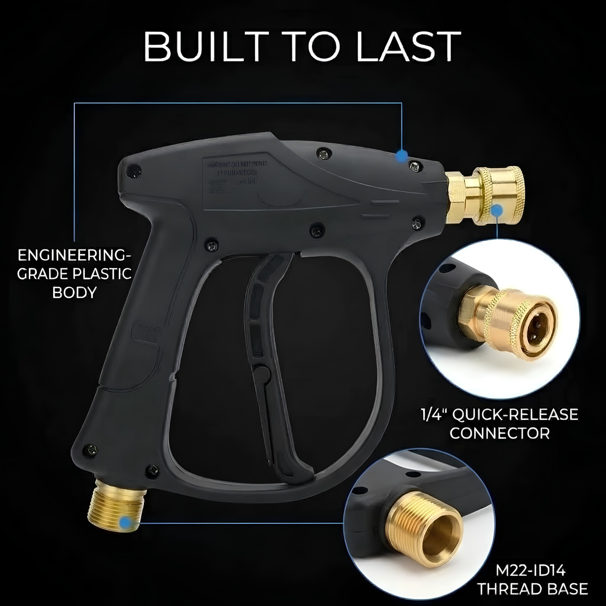 Close-up of a pressure washer spray gun highlighting its engineering-grade plastic body, quarter-inch quick-release connector and M22 ID14 thread base