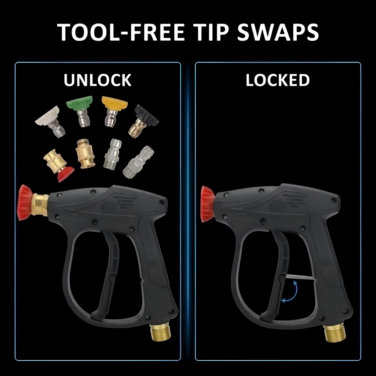 Pressure washer trigger gun shown unlocked with nozzle tips detached and locked with the safety catch engaged