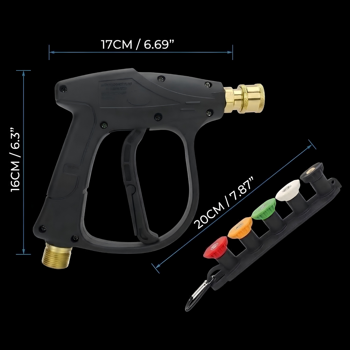 Pressure washer spray gun and five-nozzle organiser shown with dimensions of 17cm length, 16cm height and a 20cm nozzle strip