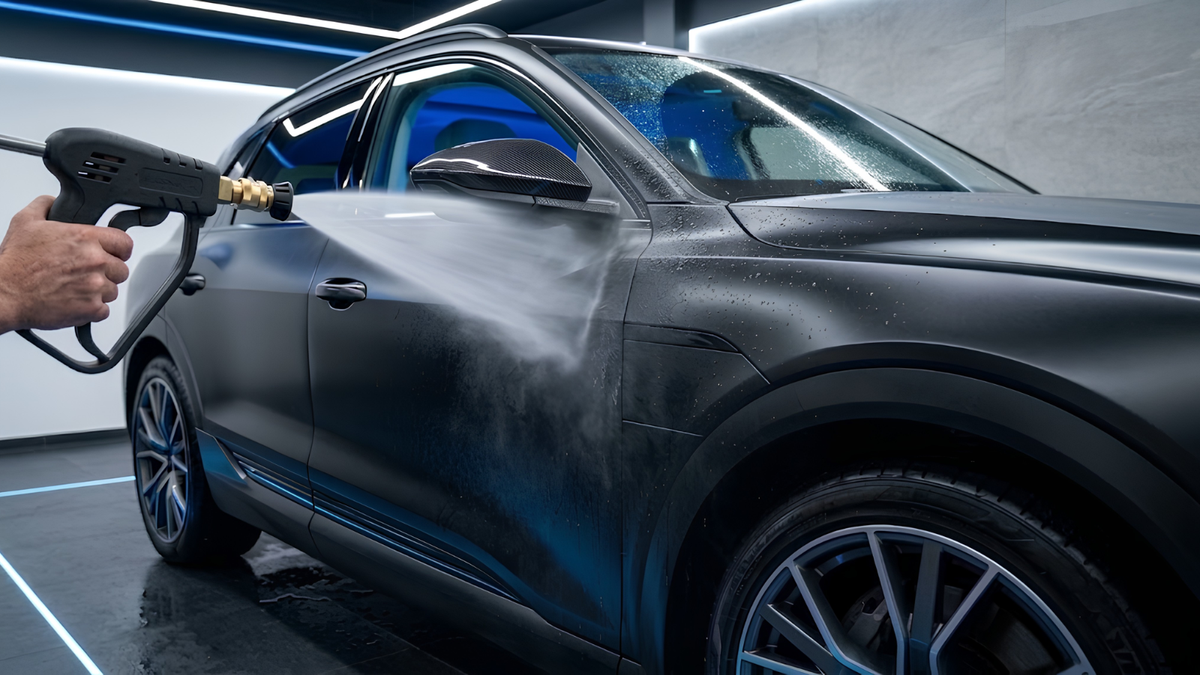 A hand holds a high-pressure water spray gun against the side of a matte black car in a modern indoor setting with blue-tinted lighting and visible water mist.