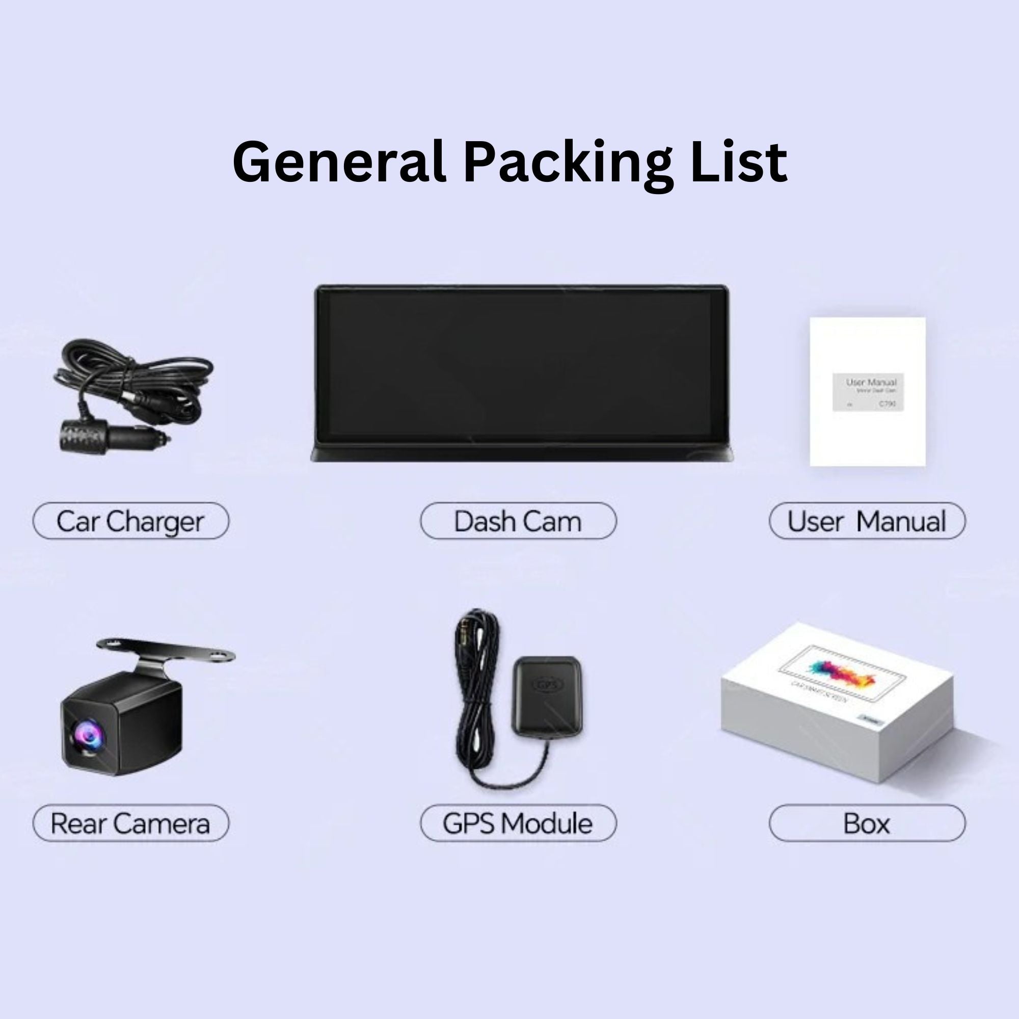 A product packing list graphic on a pale lavender background showing included items: a car charger, a black dash cam, a user manual, a rear camera, a GPS module, and a box, with labels beneath each item and the heading 'General Packing List'.