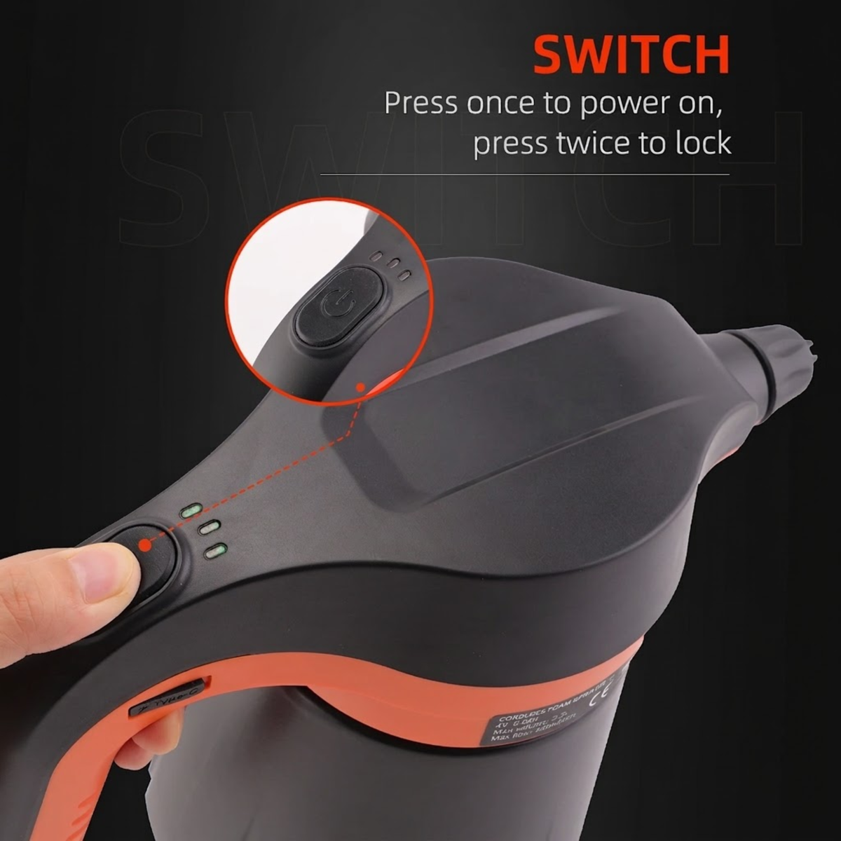 Close-up of the Pro Dual-Nozzle Foam Sprayer power button: press once to power on, twice to lock