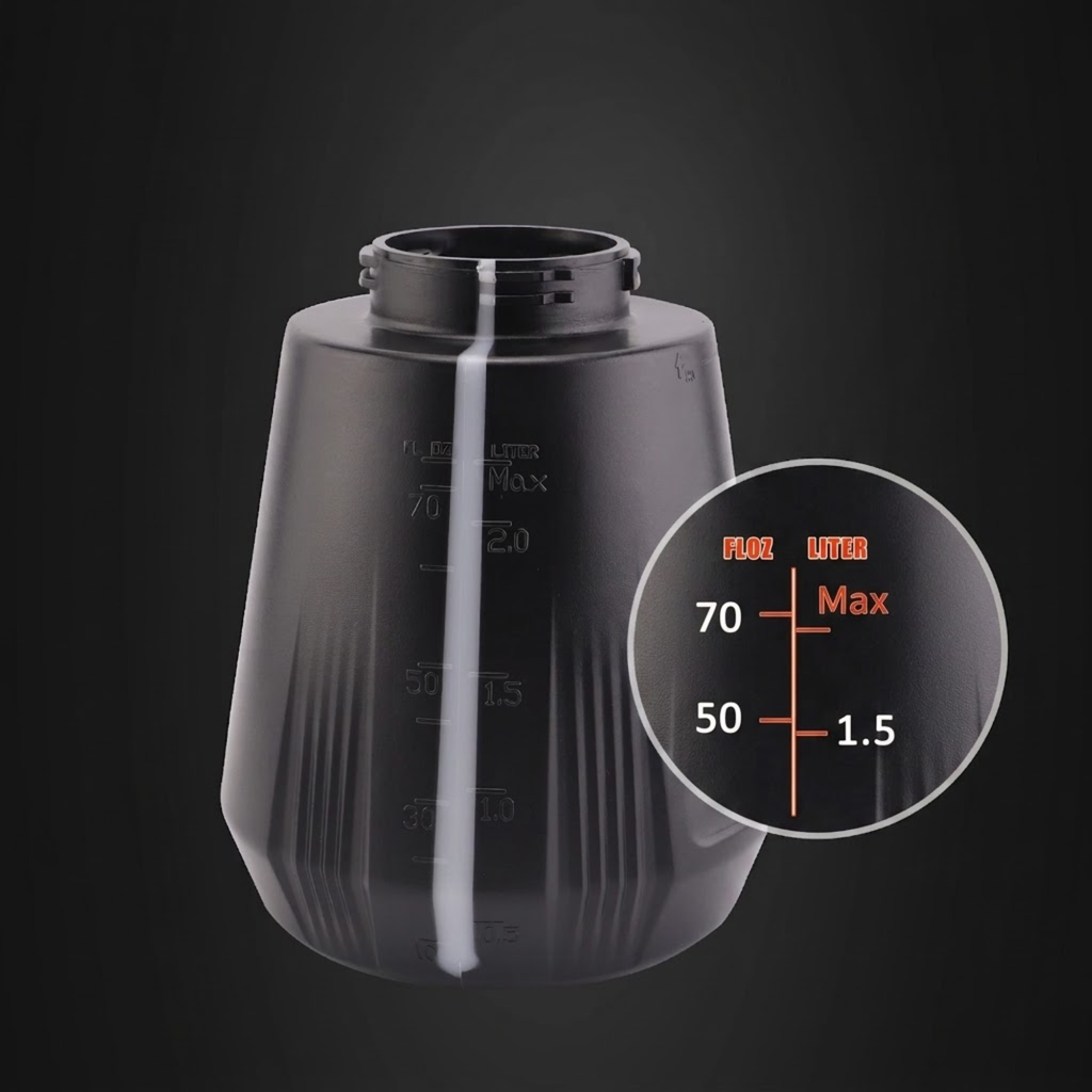 Pro Dual-Nozzle Foam Sprayer bottle with fill markings in litres and fluid ounces up to the max line