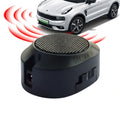 Front parking sensor unit mounted below a white SUV bumper with red radar wave graphics illustrating obstacle detection