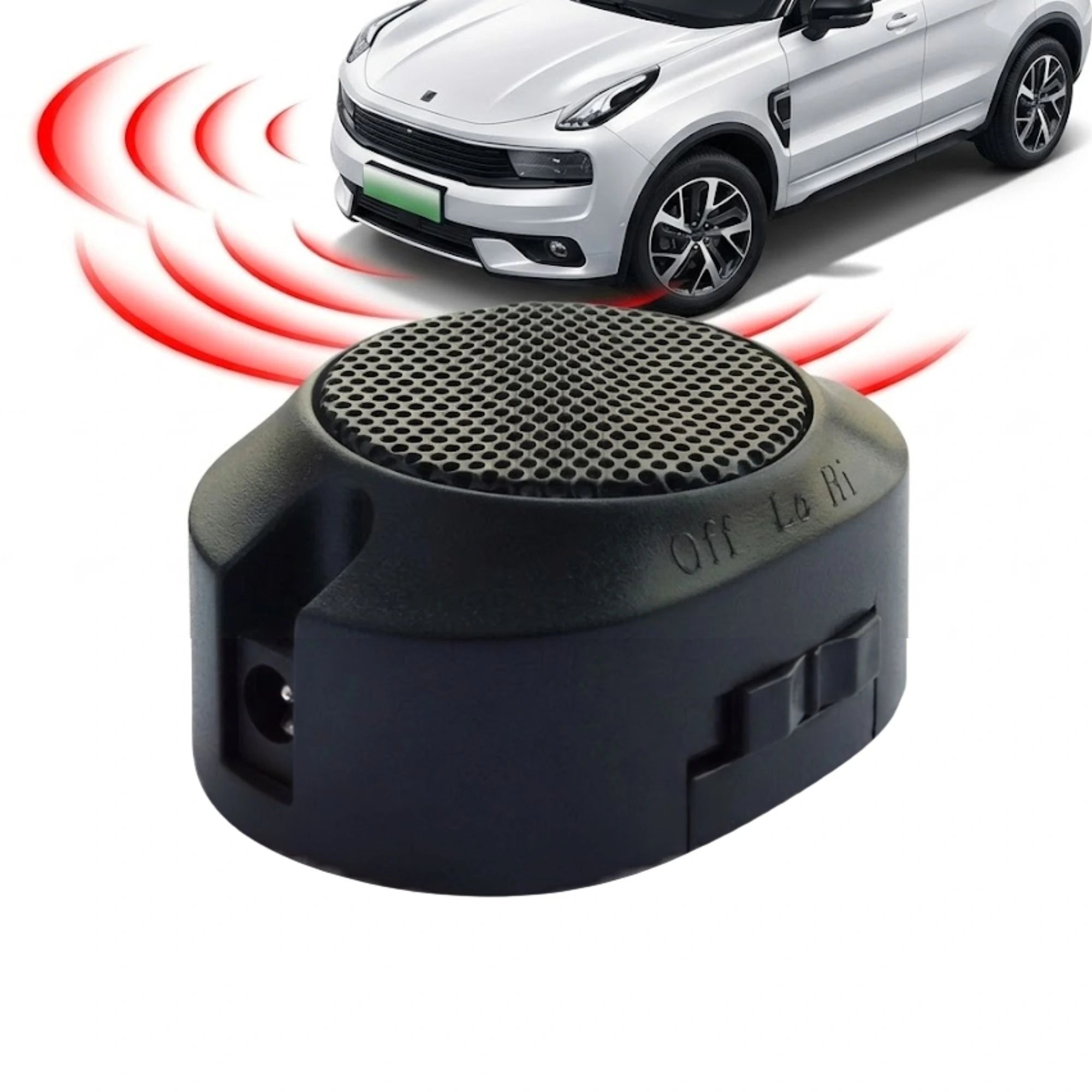 Front parking sensor unit mounted below a white SUV bumper with red radar wave graphics illustrating obstacle detection