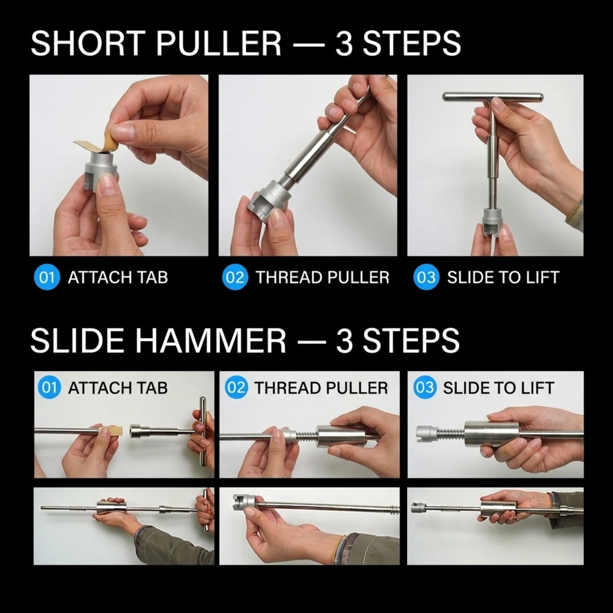 Instructional graphic showing two product usage sequences: a short puller with three steps and a slide hammer with three steps. Each sequence includes six panels with hands assembling threaded metal components and sliding a metal rod upward.