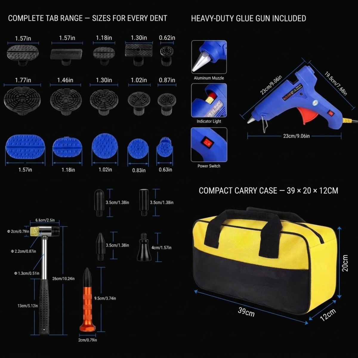 A product information graphic on a black background showing a blue and red hot glue gun, a yellow-and-black compact carry case, drill bits, a hammer, and an orange-and-black drill driver, with text labels, dimensions, and feature callouts.