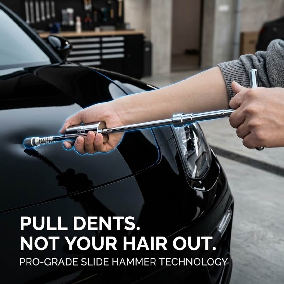 A person uses a long metal slide hammer tool on the front fender of a black car in a garage setting. Large text at the bottom reads, 'PULL DENTS.