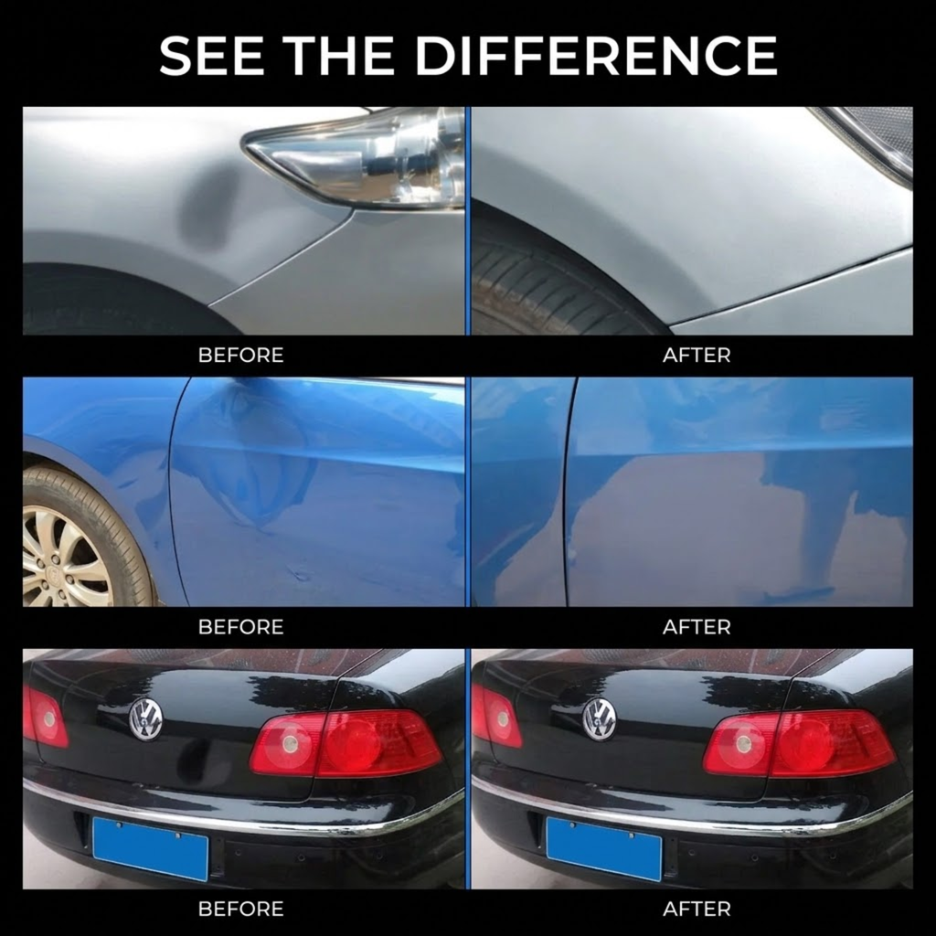 A four-panel before-and-after comparison collage showing car paint damage and repair results. The top row shows a silver car door panel with a dent fixed, and the bottom row shows a blue car door panel with scratches removed, plus two rear car tailgate examples labeled before and after.
