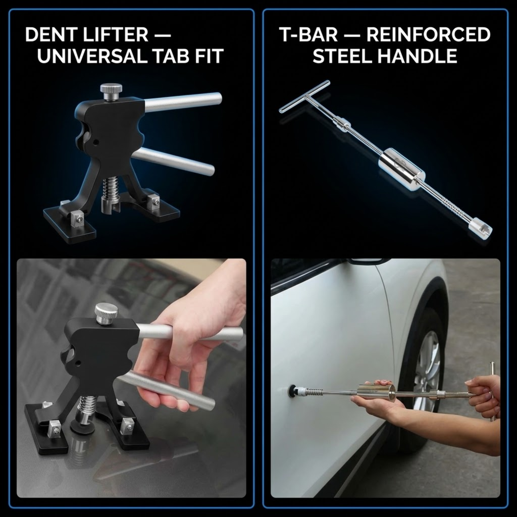 A four-panel product demonstration graphic for a car dent removal tool set. The top-left panel shows a black and silver universal tab-fit dent lifter on a dark background with the text 'DENT LIFTER — UNIVERSAL TAB FIT.