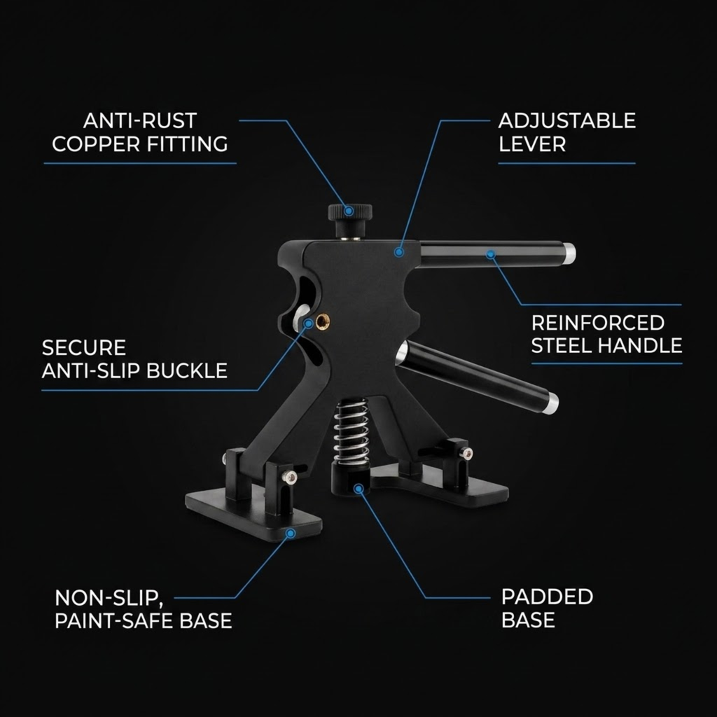 Black adjustable clamp-style accessory with overlaid callout labels pointing to features such as anti-rust copper fitting, adjustable lever, reinforced steel handle, anti-slip buckle, padded base, and non-slip paint-safe base, shown on a black background.