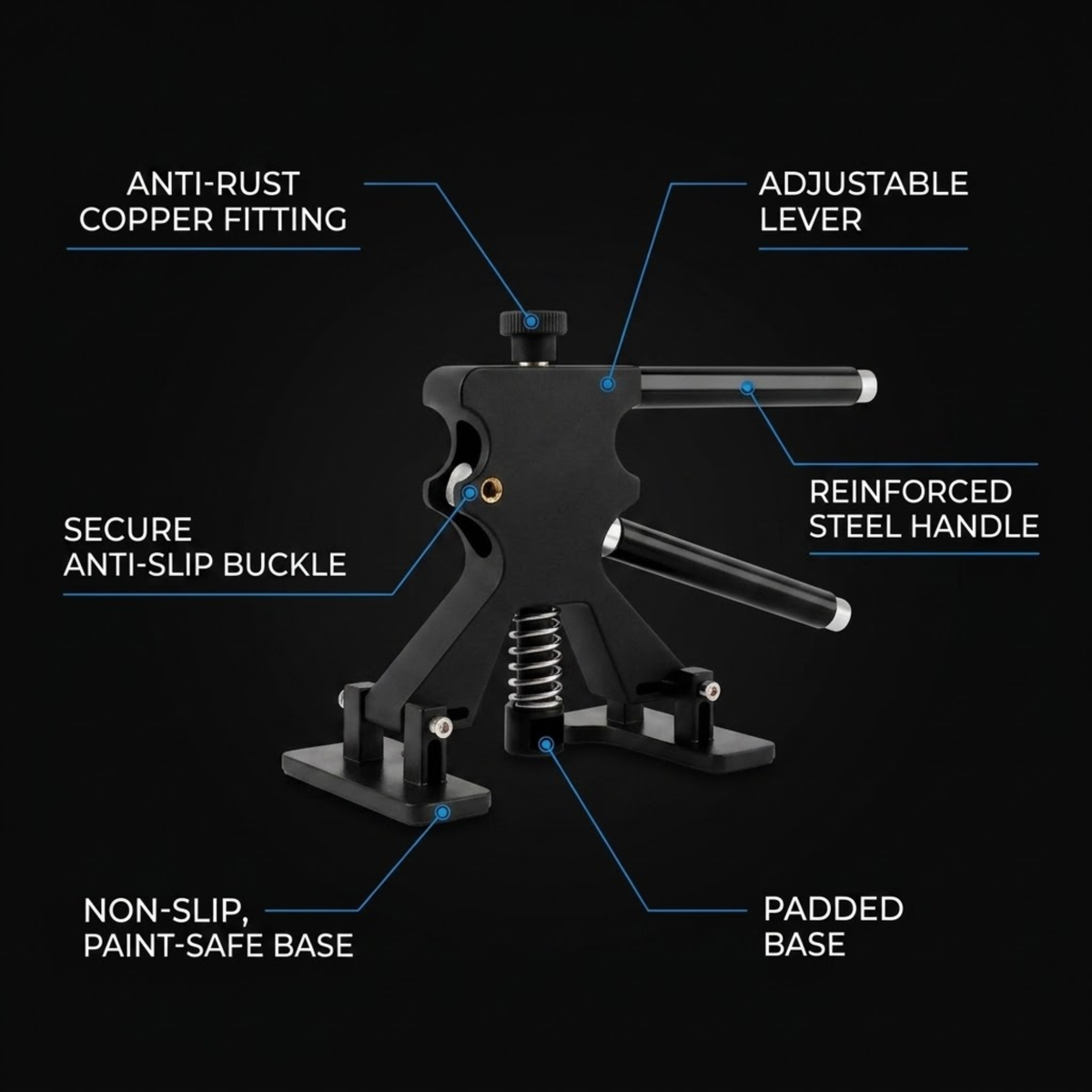 Black adjustable clamp-style accessory with overlaid callout labels pointing to features such as anti-rust copper fitting, adjustable lever, reinforced steel handle, anti-slip buckle, padded base, and non-slip paint-safe base, shown on a black background.