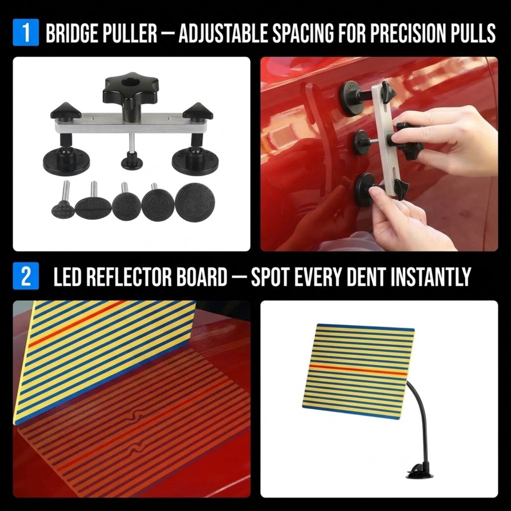 A 2-panel product collage showing a bridge puller tool set and an LED reflector board for dent detection. The top-left panel shows the bridge puller with adjustable spacing and mounting accessories on a white background.