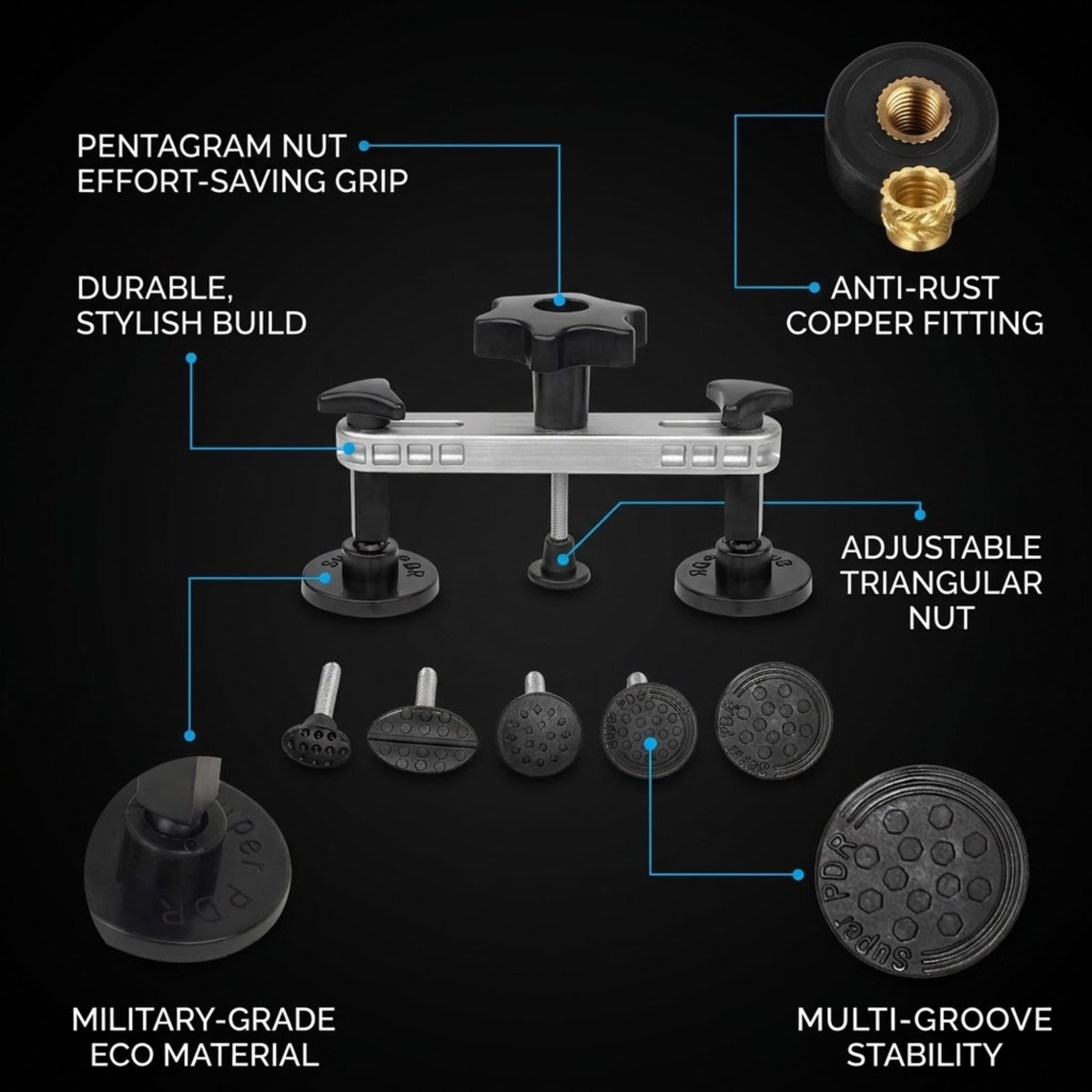 A black and silver adjustable tripod mount with labeled callouts for its features, including a pentagram nut effort-saving grip, anti-rust copper fitting, adjustable triangular nut, military-grade eco material, and multi-groove stability. The image is set against a solid black background.