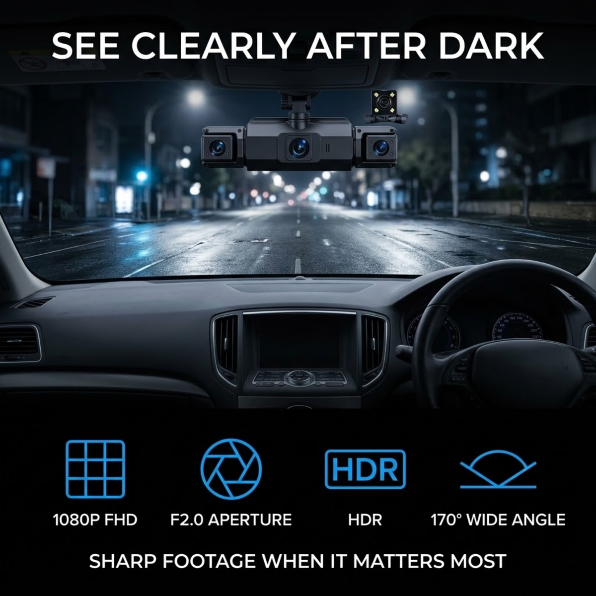 A 3-camera rear-view dash cam mounted inside a car windshield at night, with text overlays reading 'SEE CLEARLY AFTER DARK' and feature icons for 1080P FHD, F2.0 APERTURE, HDR, and 170° WIDE ANGLE.